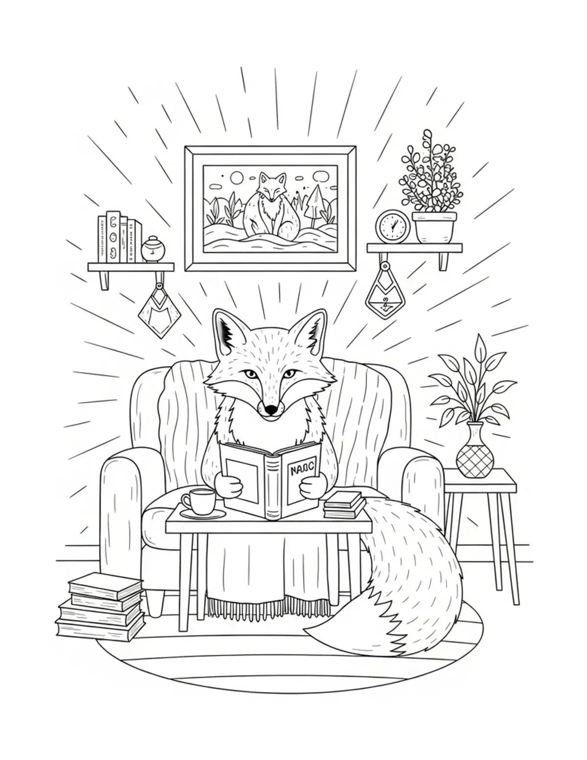 Free printable coloring page: fox cozy evening reading room coloring page. Cute and cozy bookstore and reading design for kids and adults to download and print.