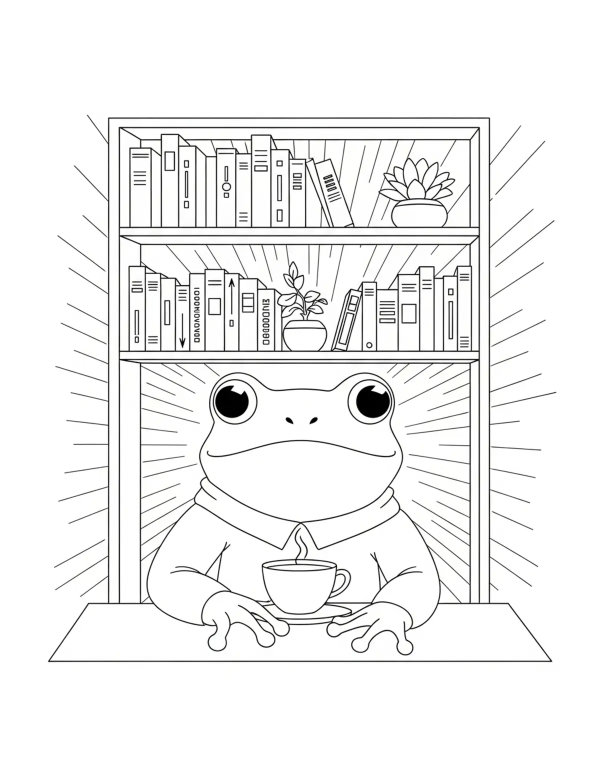 Free printable coloring page: frog library cafe coloring page. Cute and cozy design for kids and adults to download and print.