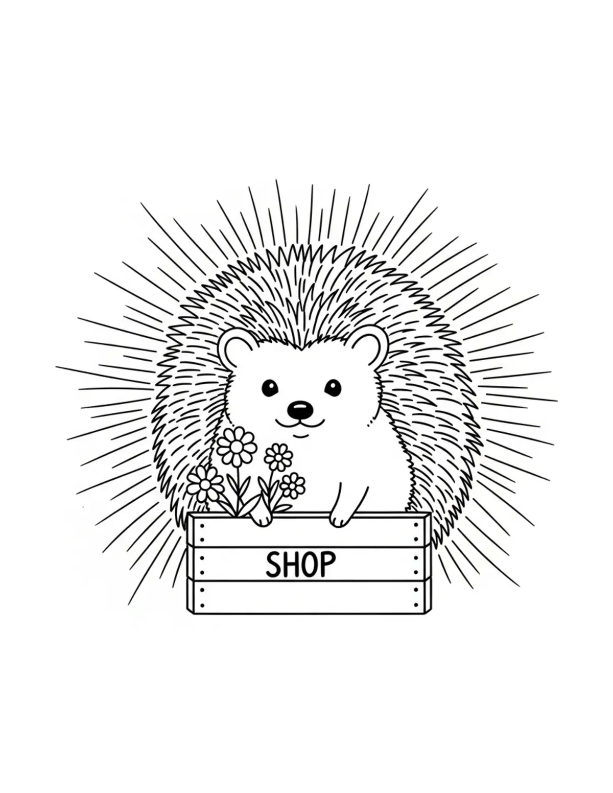 Free printable coloring page: hedgehog flower shop garden coloring page. Cute and cozy hedgehog garden design for kids and adults to download and print.