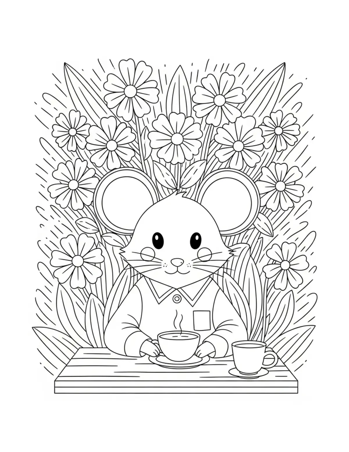Free printable coloring page: mouse flower cafe scene coloring page. Cute and cozy mouse tea party design for kids and adults to download and print.