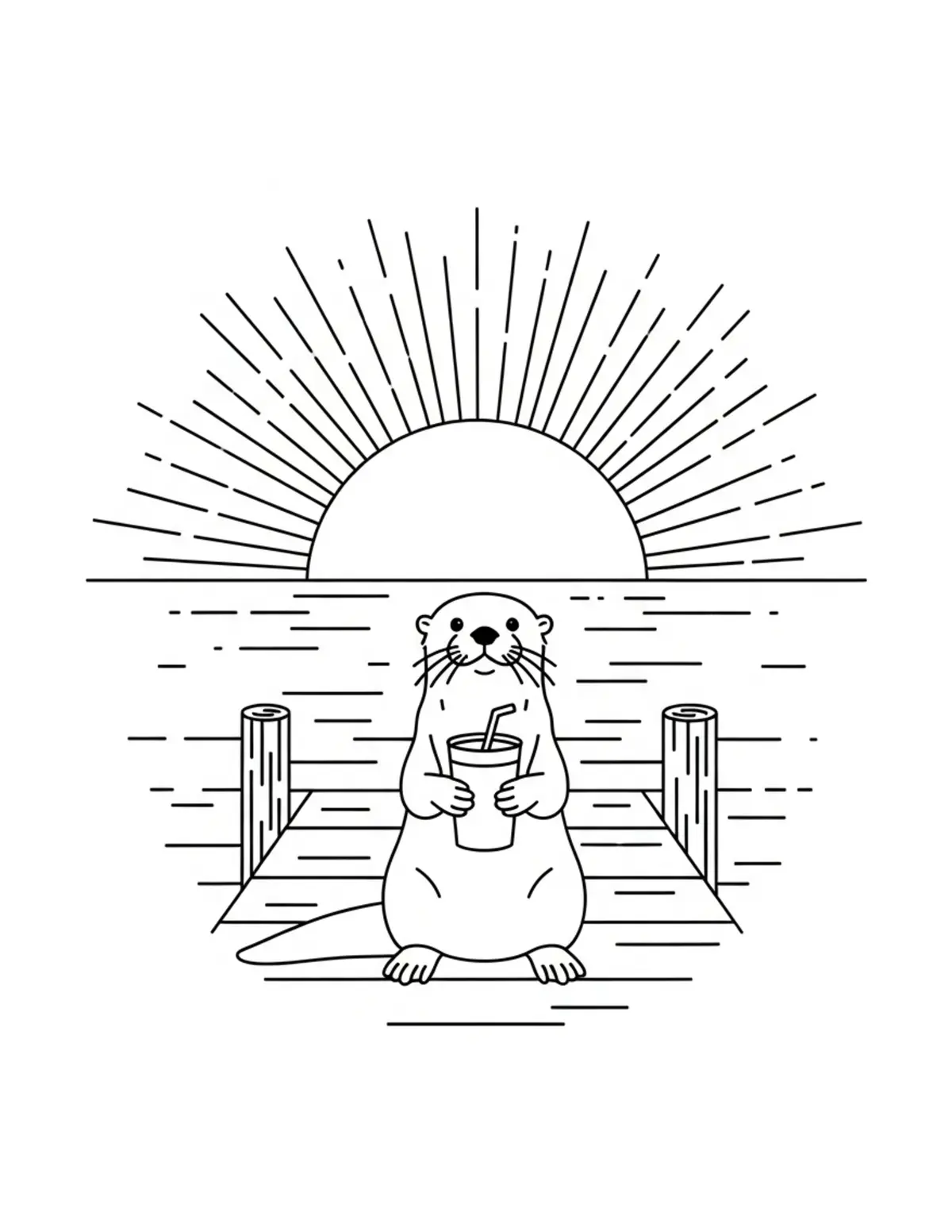 Otter Sunset Dock Scene coloring page - free printable JPG featuring adorable otters