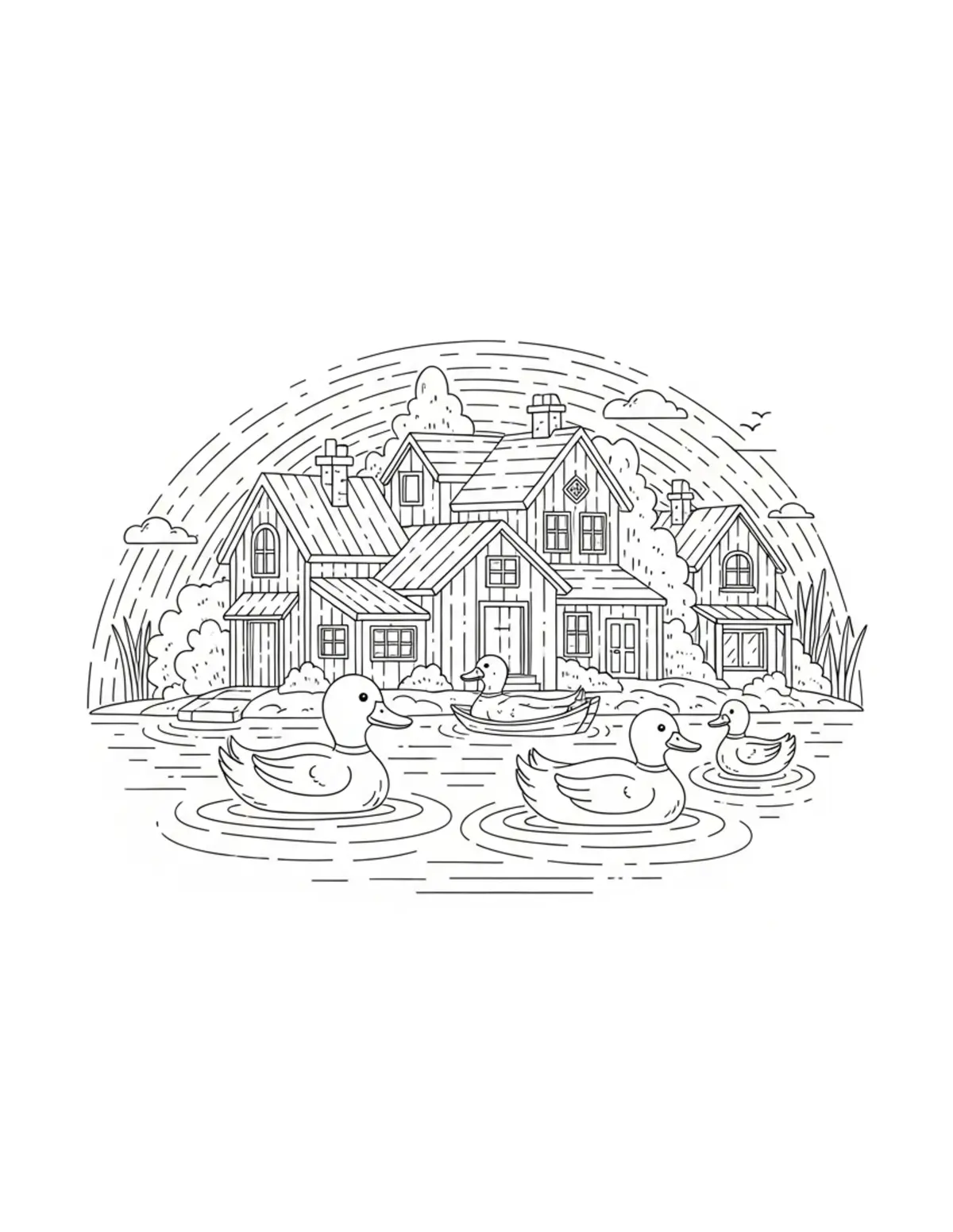 Panoramic Duck Pond Village Coloring Page - free printable JPG featuring adorable duck scenes