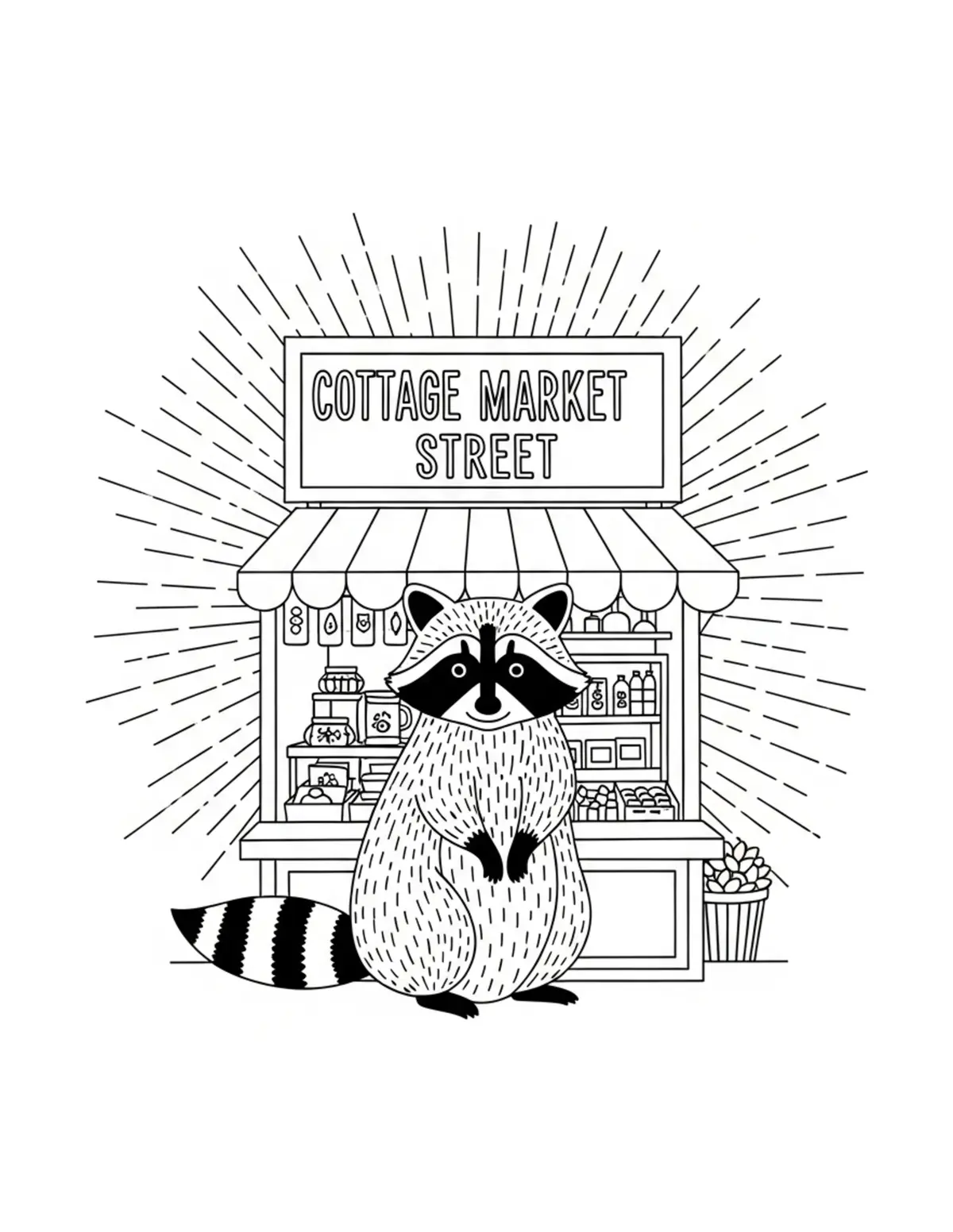 Raccoon Cottage Market Street coloring page - free printable JPG featuring adorable raccoons at a market