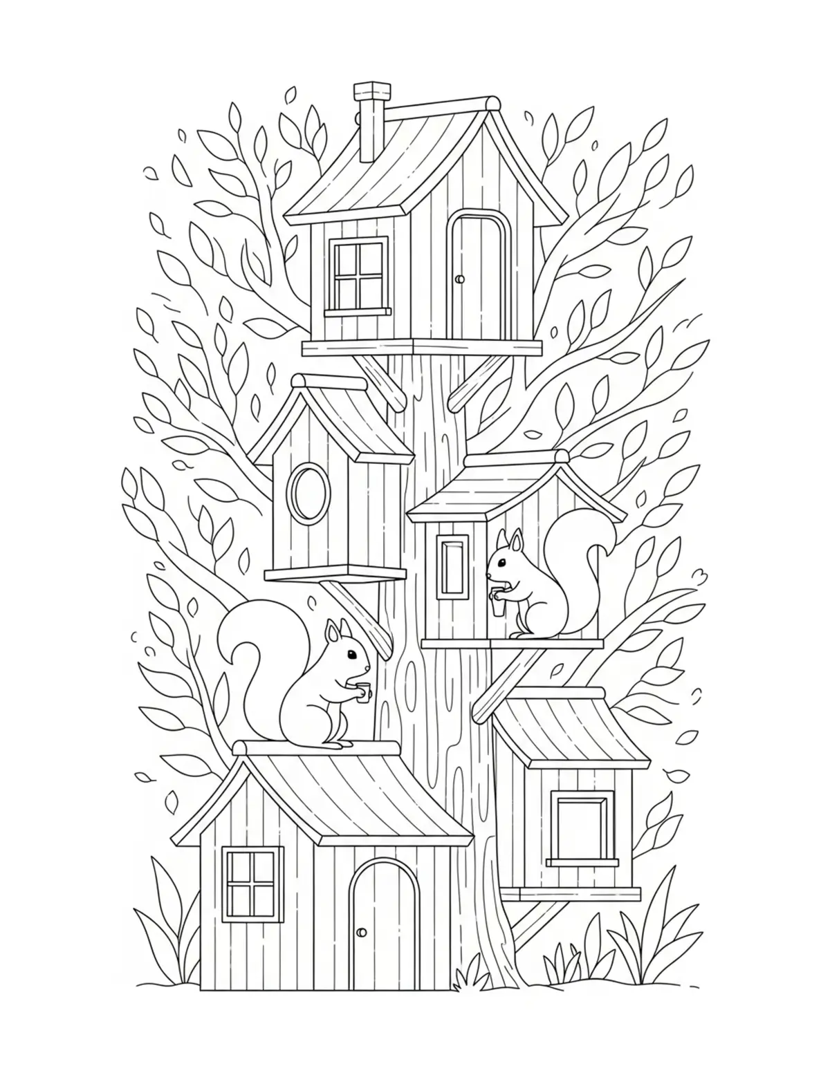Squirrel Treehouse Village coloring page - free printable JPG featuring adorable squirrels in a woodland scene