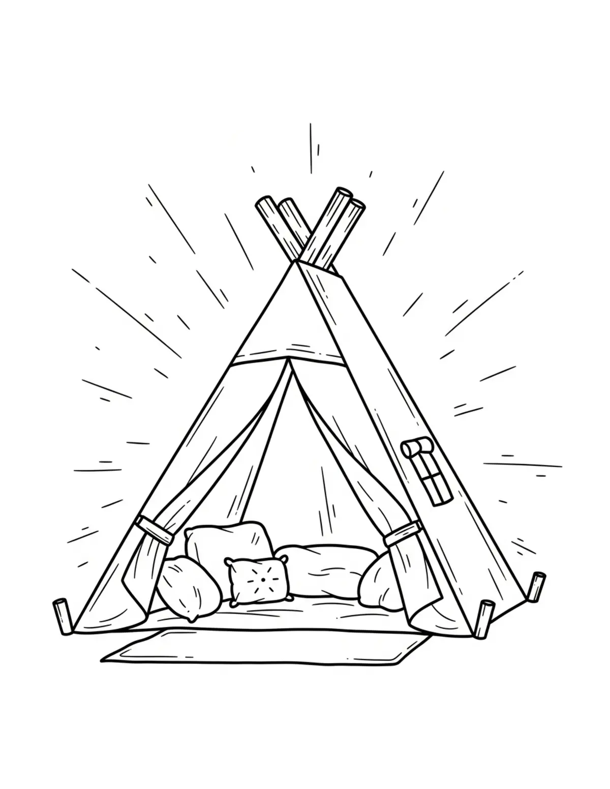 Free printable coloring page: cozy backyard reading tent coloring page. Cute and cozy summer design for kids and adults to download and print.
