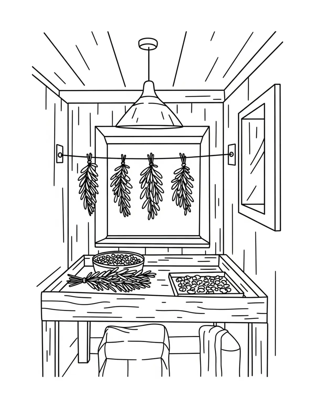 Free printable coloring page: cozy herb drying room coloring page. Cute and cozy design for kids and adults to download and print.