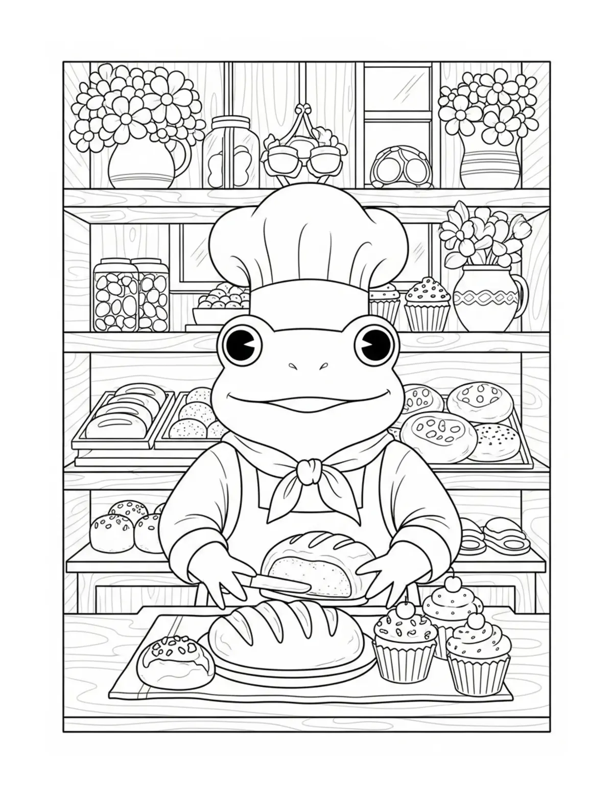 Cute Frog Bakery — free printable cozy coloring coloring page for kids and adults