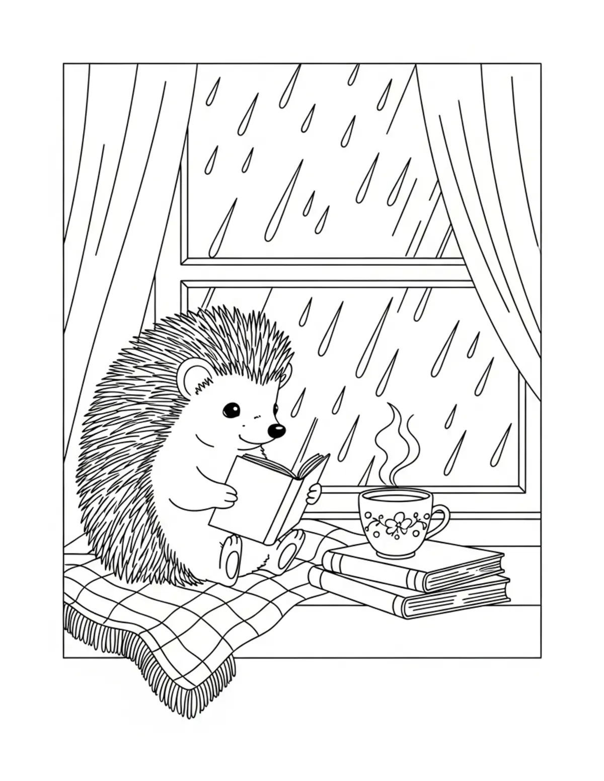 Free printable coloring page: cute hedgehog reading beside r coloring page. Cute design for kids and adults.