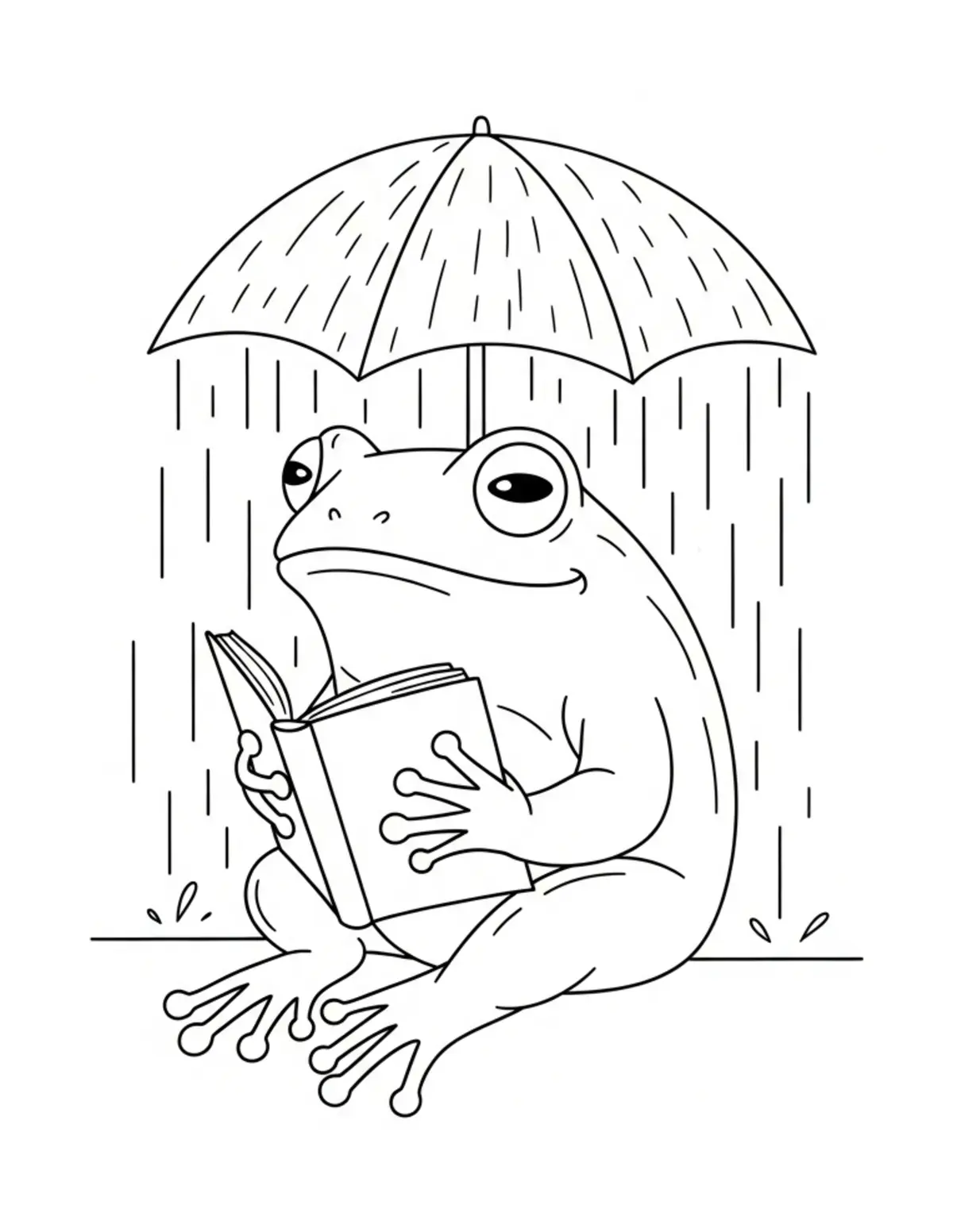 Free printable coloring page: frog reading on a rainy day coloring page. Cute and cozy design for kids and adults to download and print.