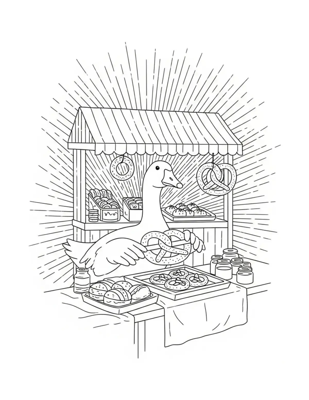 Goose Baking Pretzels at a Vil Coloring Page - free printable JPG featuring adorable woodland animals