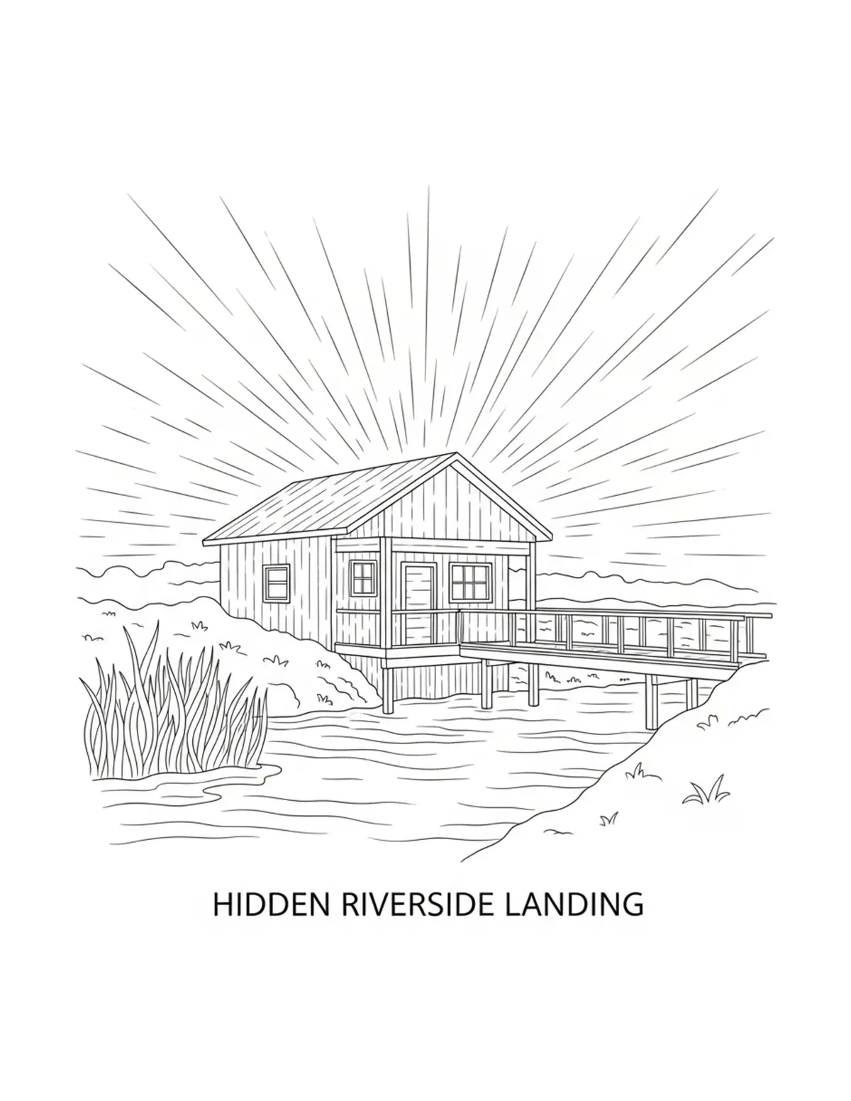 Free printable coloring page: hidden-riverside-landing coloring page. Cute and cozy design for kids and adults to download and print.