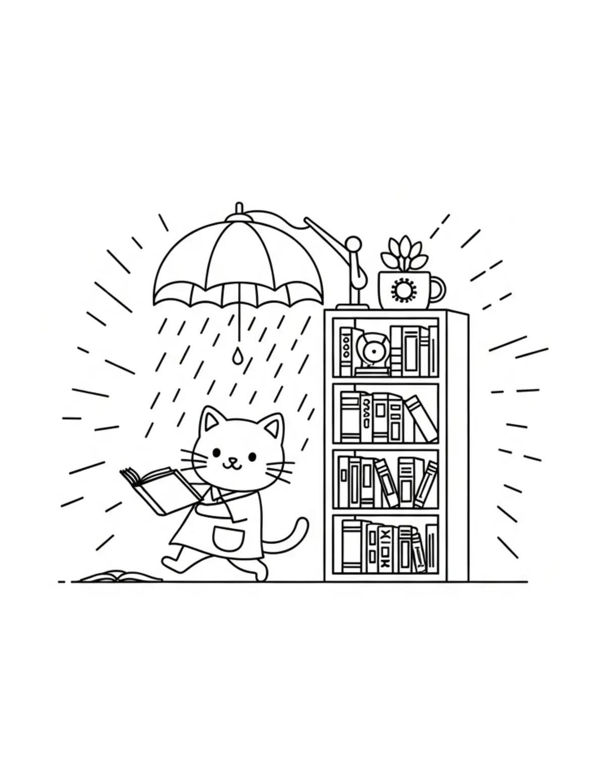 Free printable coloring page: tiny-cat-running-a-rainy-day-l coloring page. Cute and cozy design for kids and adults to download and print.