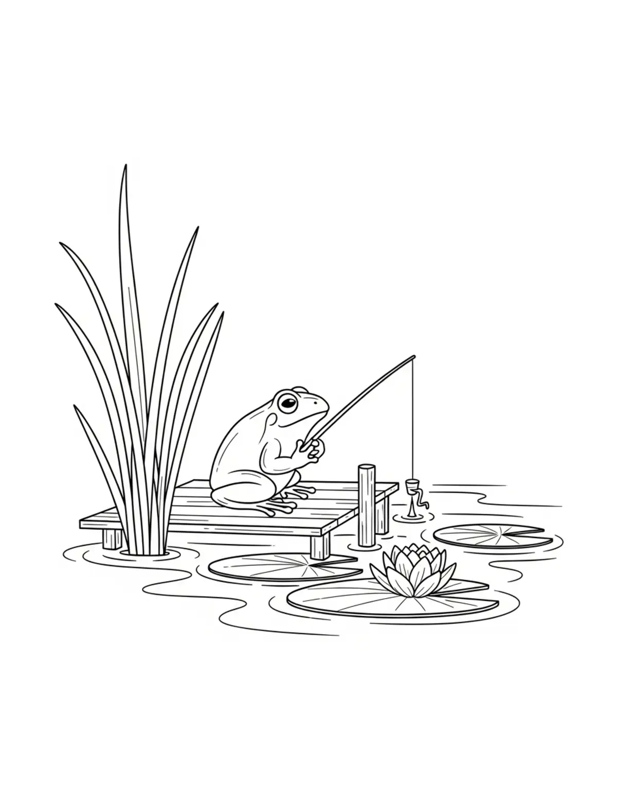 Free printable coloring page: tiny-frog-fishing-from-a-lily coloring page. Cute and cozy design for kids and adults to download and print.