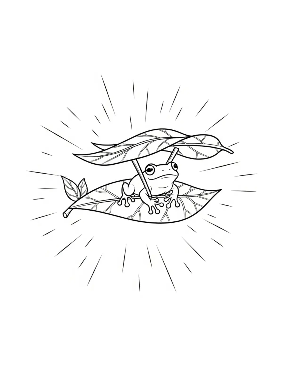 Free printable coloring page: tiny-frog-flying-a-leaf-airpla coloring page. Cute and cozy design for kids and adults to download and print.
