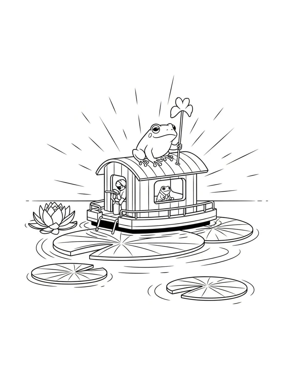 Free printable coloring page: tiny-frog-operating-a-lily-pad coloring page. Cute and cozy design for kids and adults to download and print.