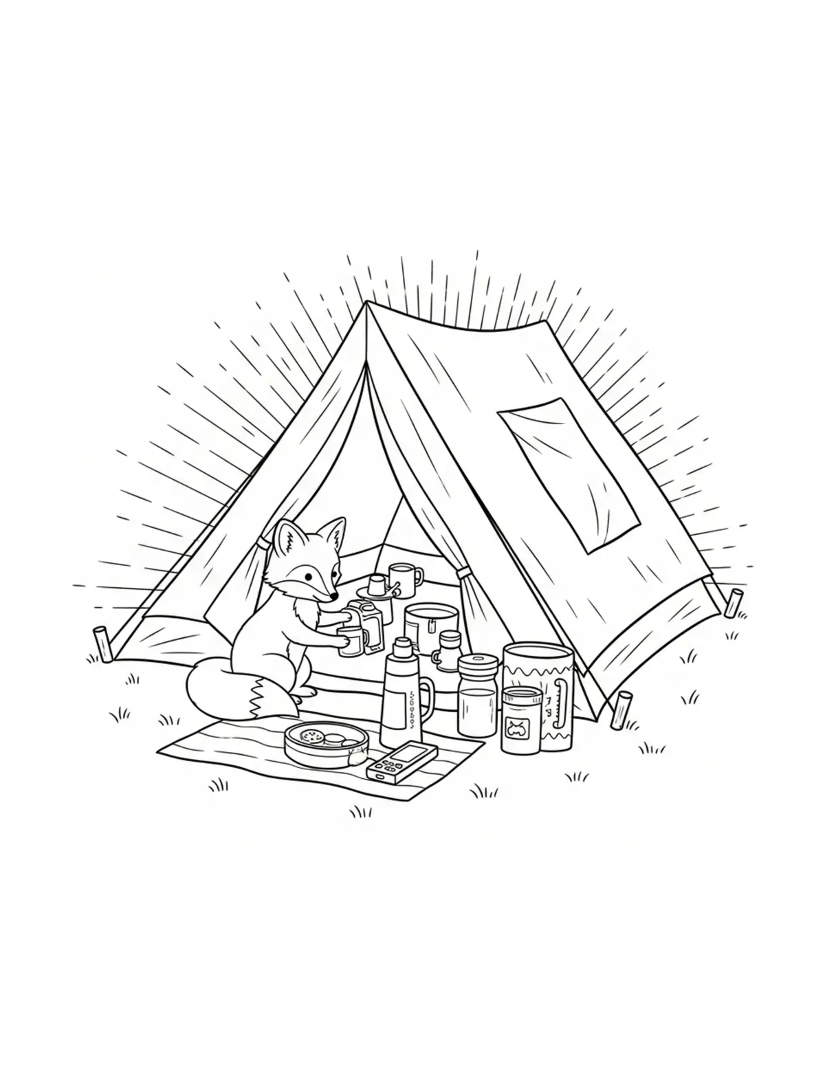 Tiny Fox Organizing A Camping coloring page - free printable JPG featuring adorable woodland animals