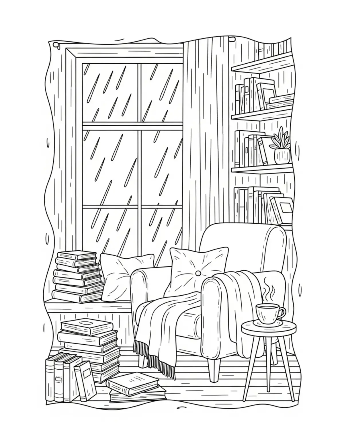 Free printable coloring page: rainy day reading nook l coloring page. Cute and cozy design for kids and adults to download and print.