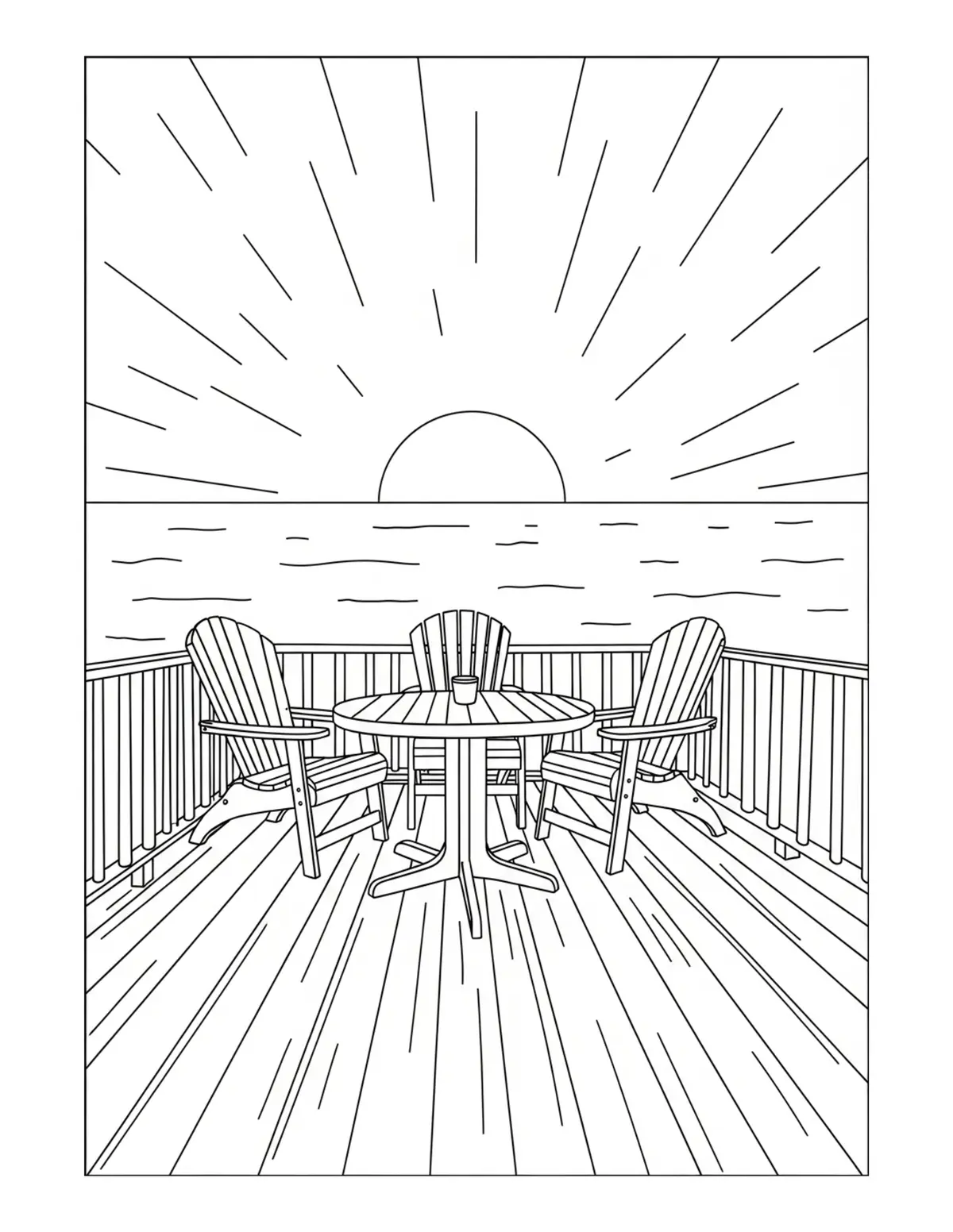 Free printable coloring page: cozy summer sunset deck coloring page. Cute and cozy summer design for kids and adults to download and print.