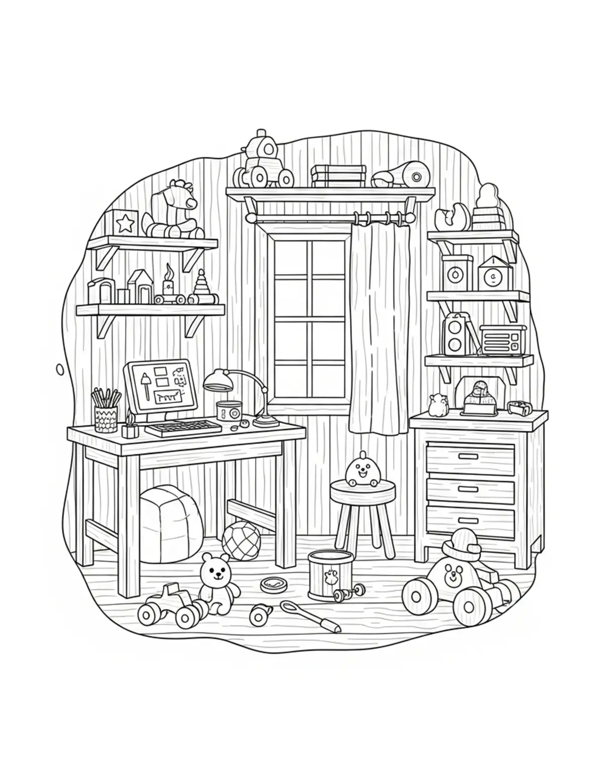 Free printable coloring page: cozy wooden toy workshop coloring page. Cute and cozy design for kids and adults to download and print.
