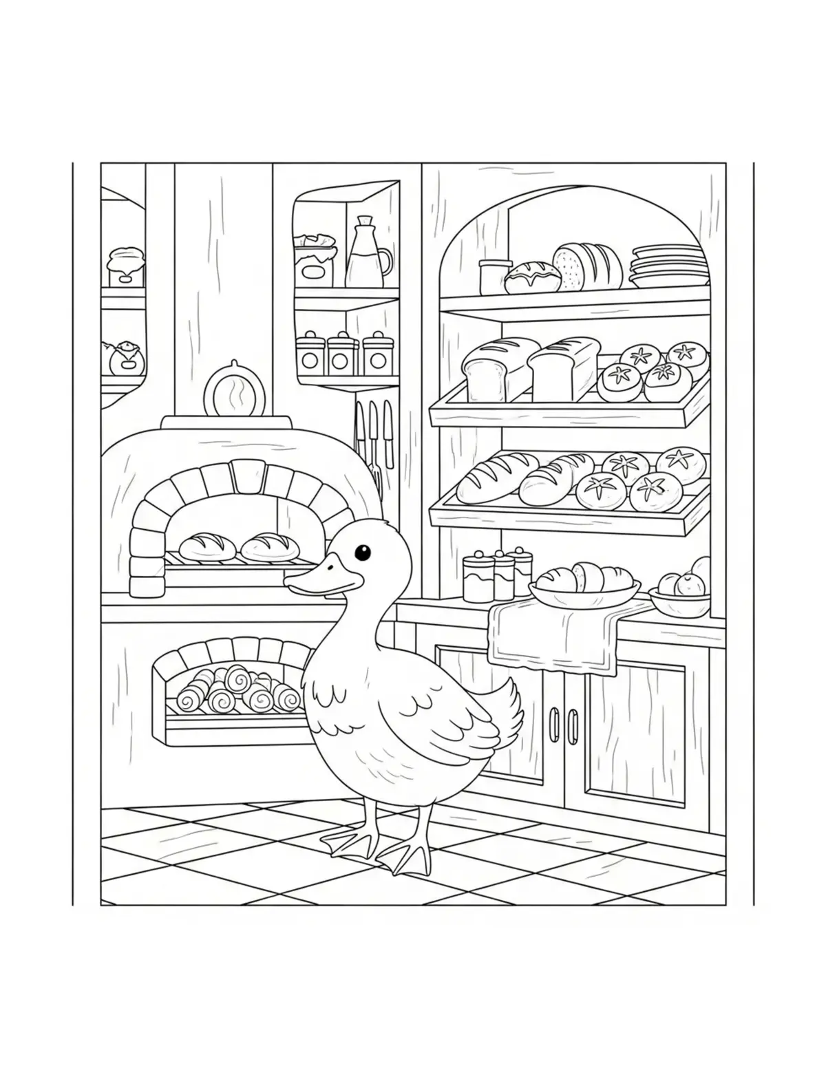 Free printable coloring page: cute duck bakery kitchen brea coloring page. Cute design for kids and adults.