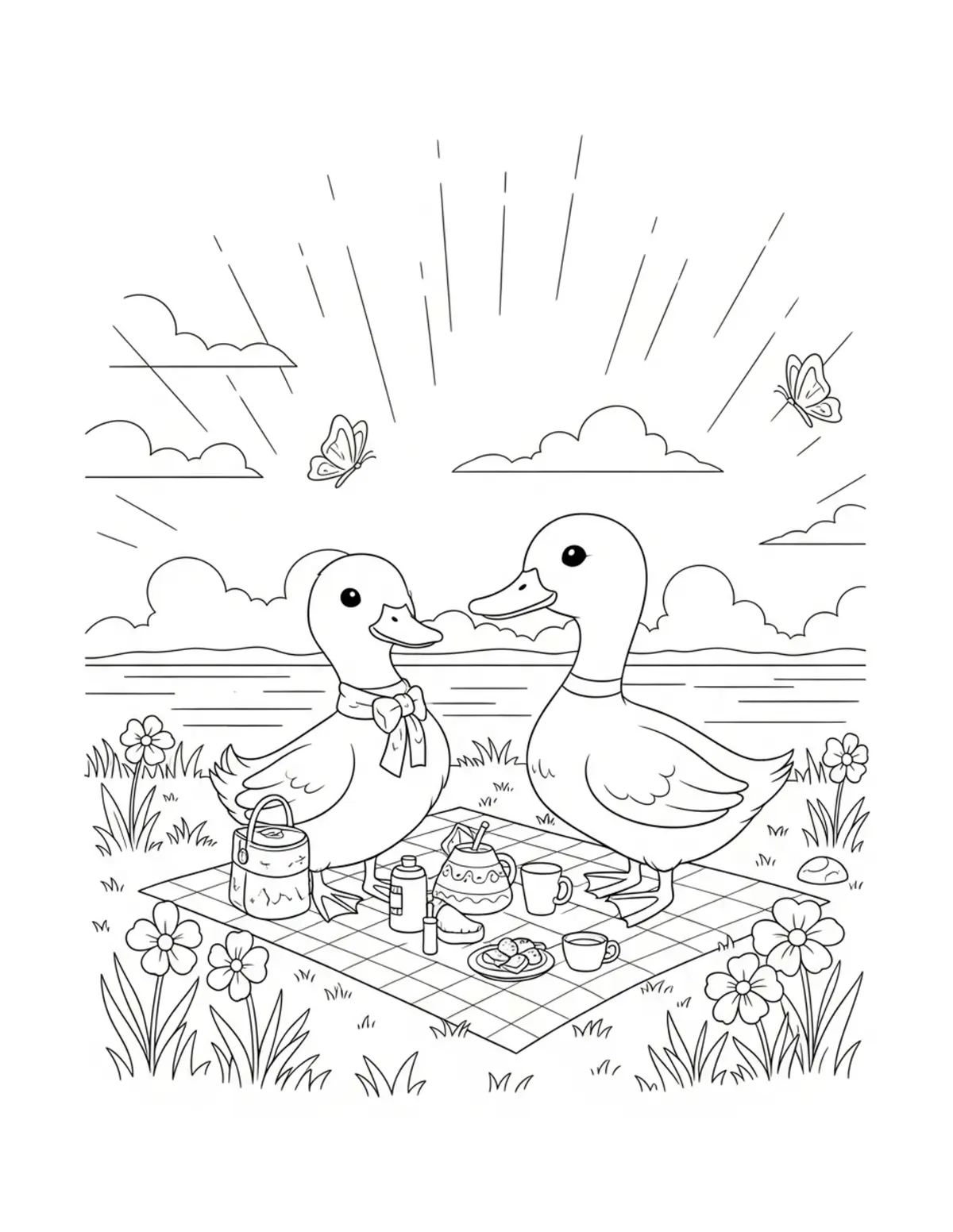 Cute Duck Lakeside Picnic Colo — free printable cozy coloring coloring page for kids and adults