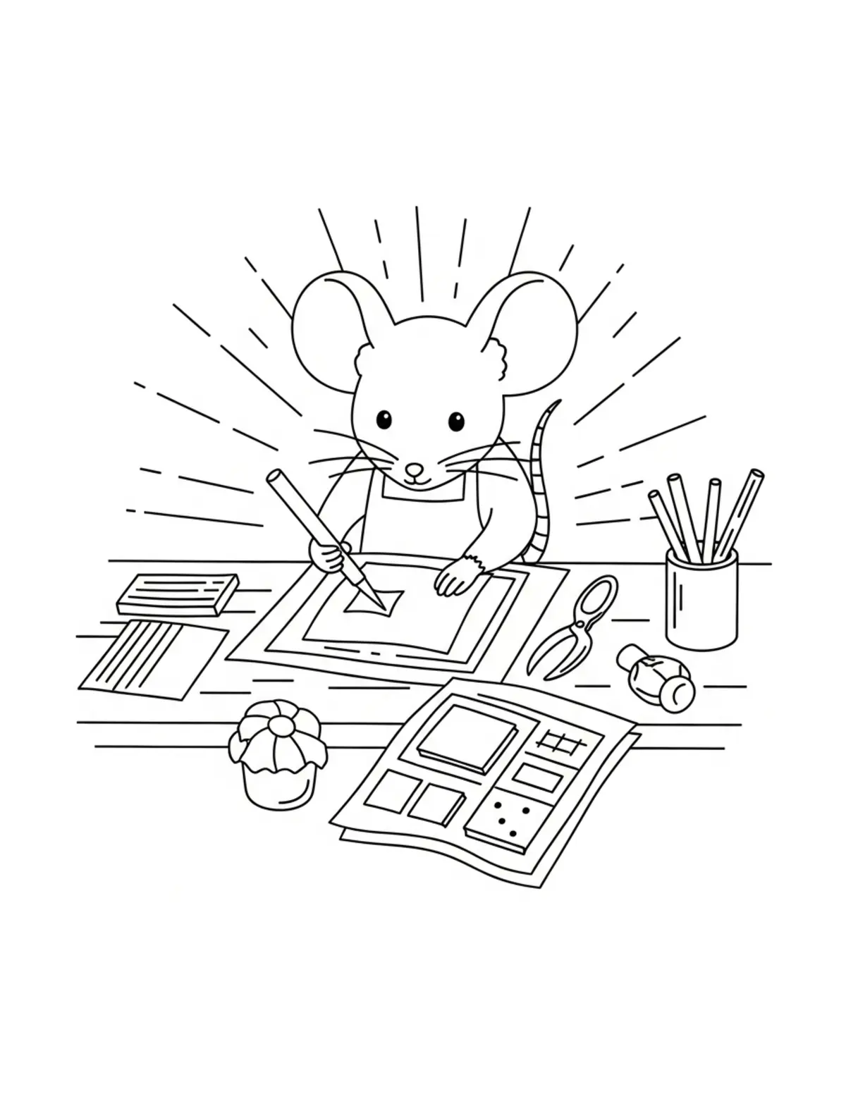 Free printable coloring page: cute mouse making handmade pap coloring page. Cute and cozy tiny animal design for kids and adults to download and print.