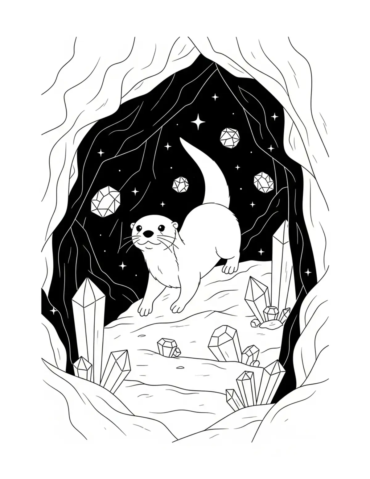 Cute Otter Exploring a Crystal Cave coloring page - free printable JPG featuring adorable woodland animals