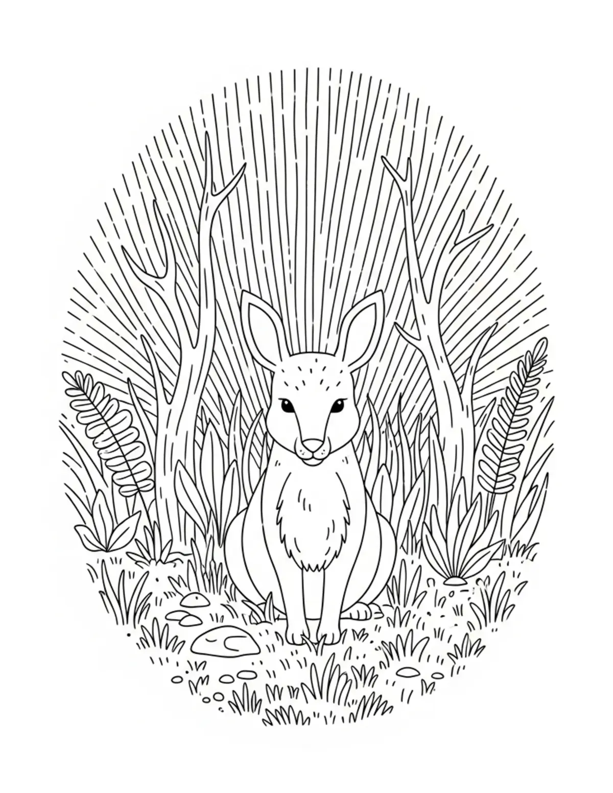 Free printable coloring page: secret-woodland-crossing coloring page. Cute and cozy design for kids and adults to download and print.
