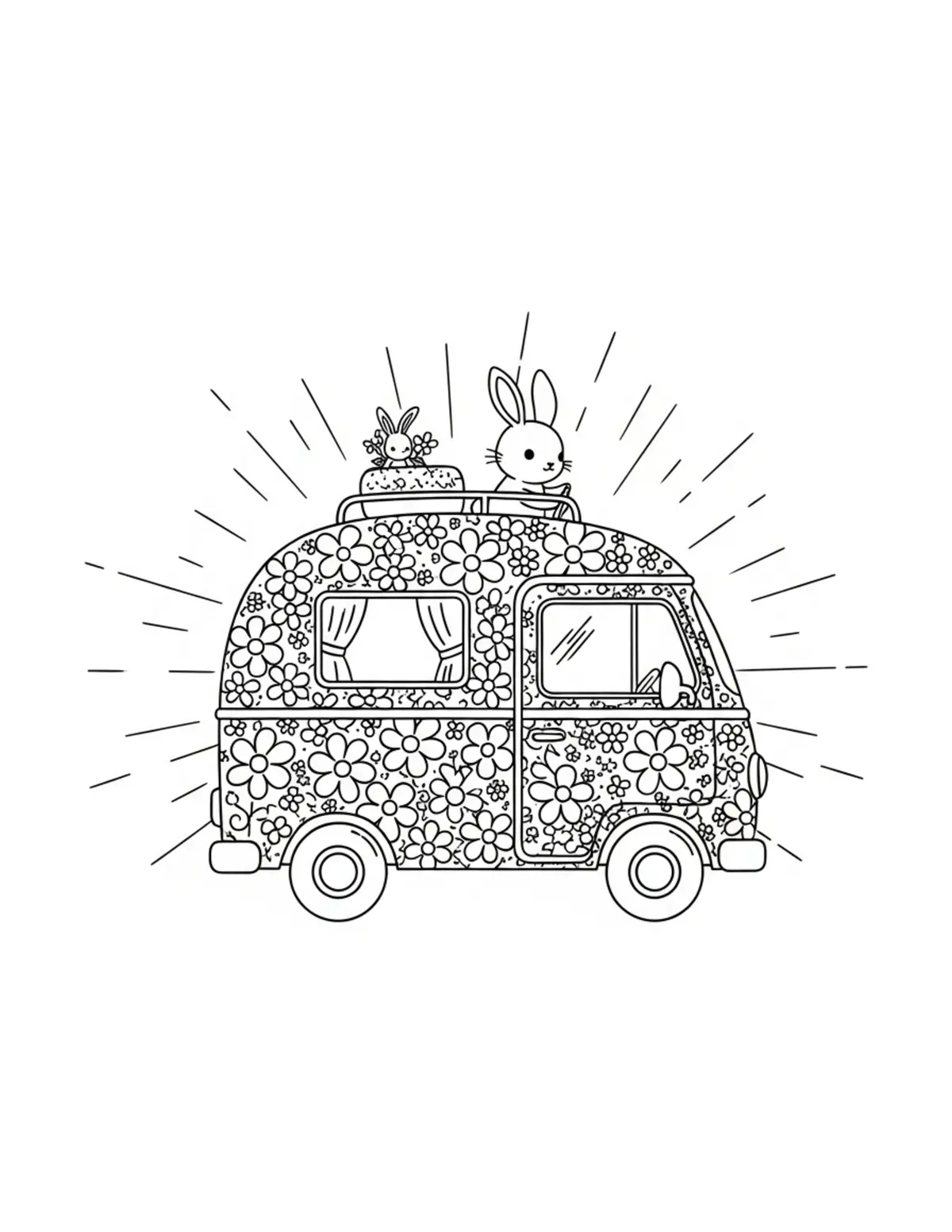 Free printable coloring page: tiny-bunny-driving-a-flower-co coloring page. Cute and cozy design for kids and adults to download and print.