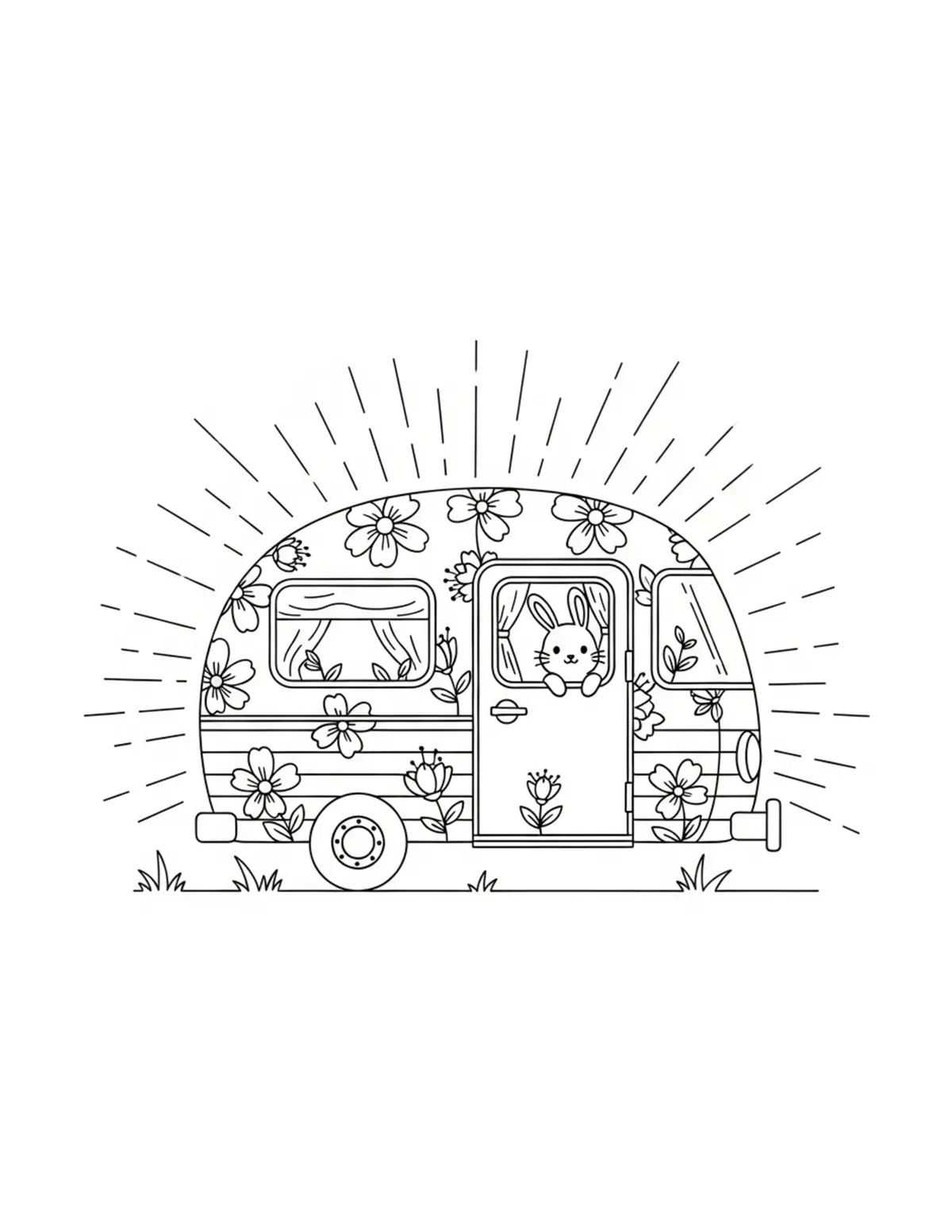 Free printable coloring page: tiny-bunny-traveling-in-a-flow coloring page. Cute and cozy design for kids and adults to download and print.