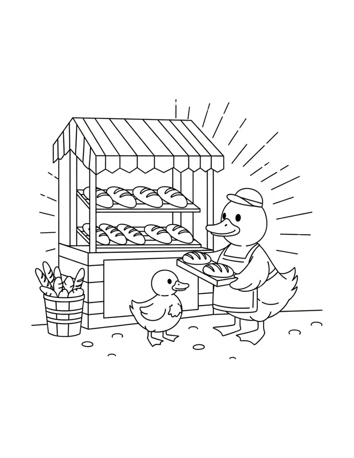 Free printable coloring page: tiny-duck-selling-fresh-bread coloring page. Cute and cozy design for kids and adults to download and print.