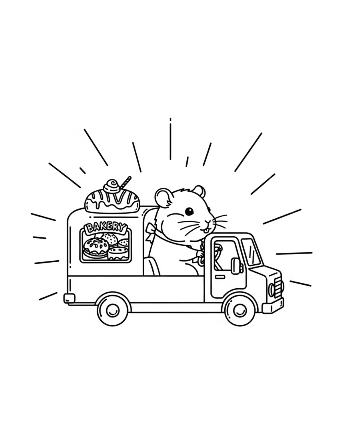 Free printable coloring page: tiny-hamster-driving-a-tiny-ba coloring page. Cute and cozy design for kids and adults to download and print.
