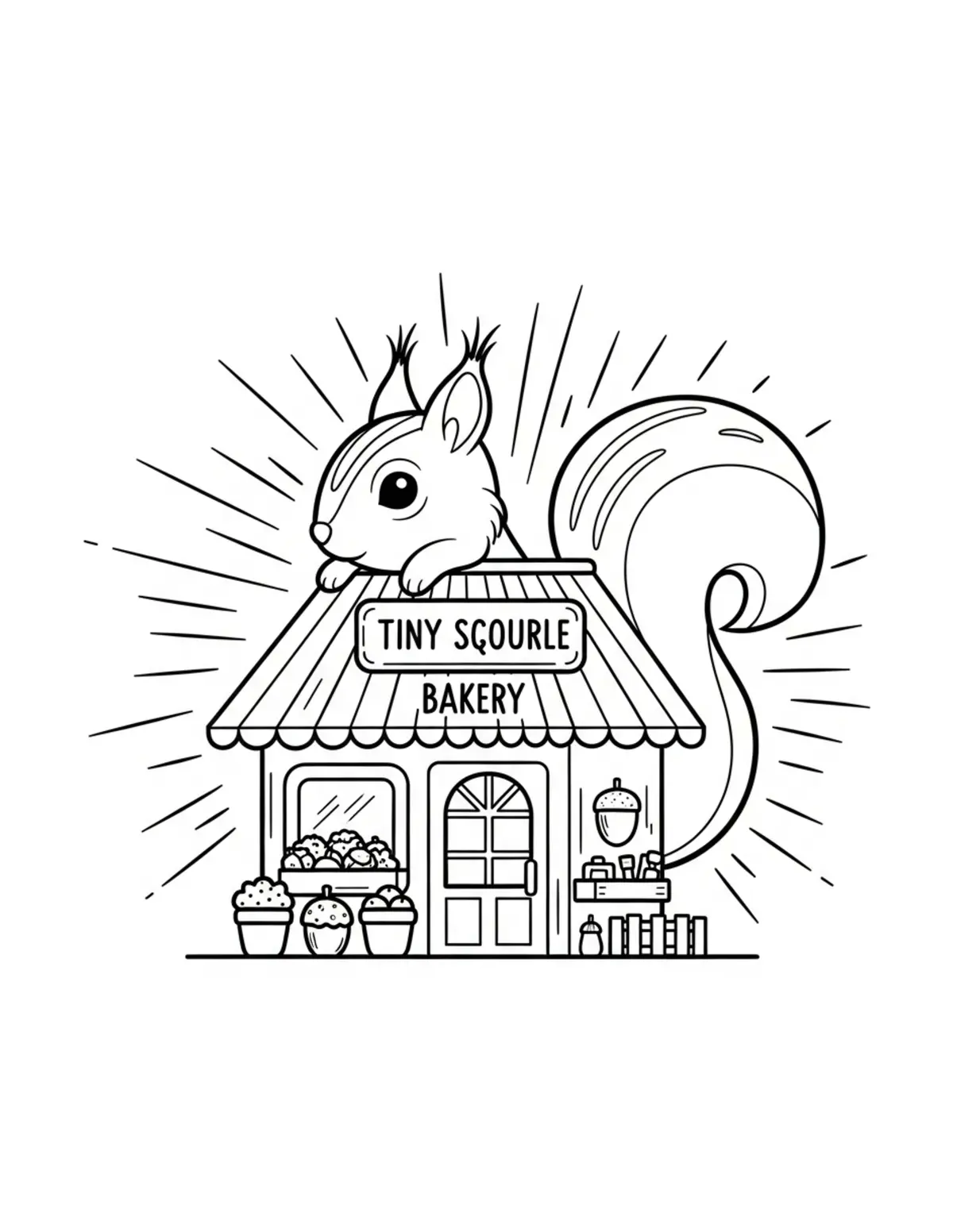 Free printable coloring page: tiny squirrel acorn bakery coloring page. Cute and cozy design for kids and adults to download and print.