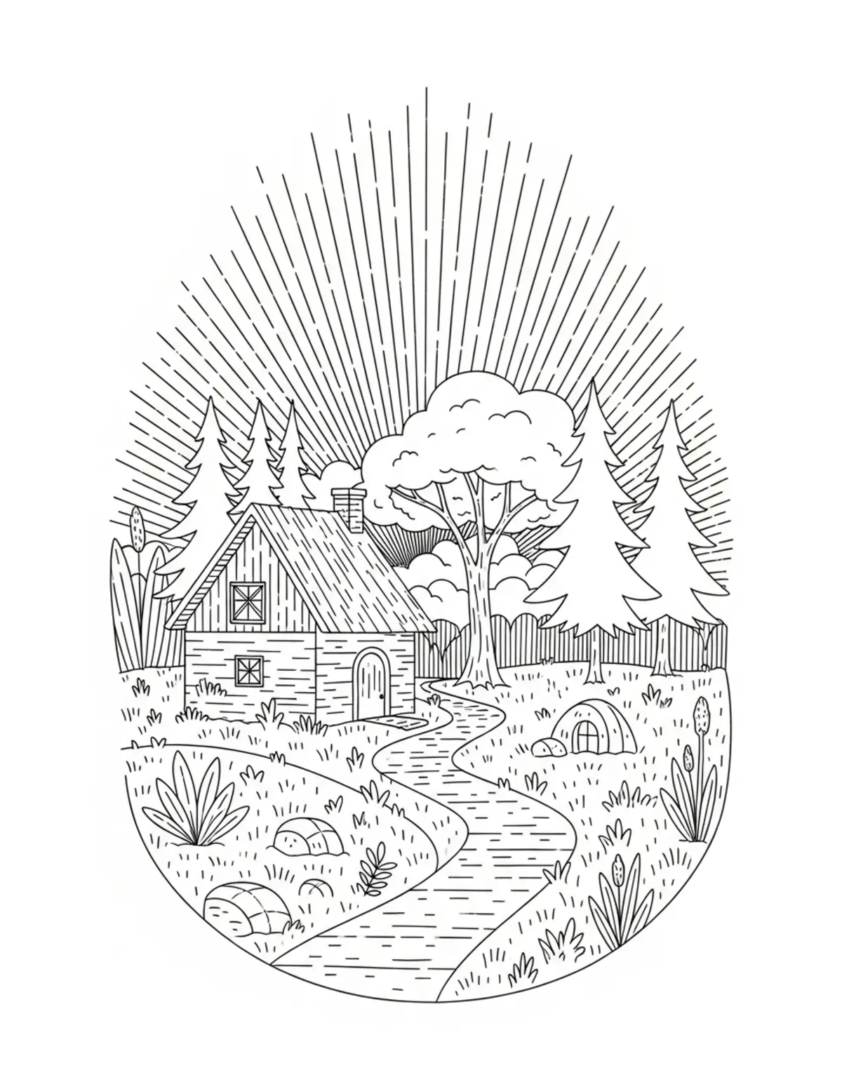 Free printable coloring page: cozy forest meadow retreat coloring page. Cute and cozy summer design for kids and adults to download and print.