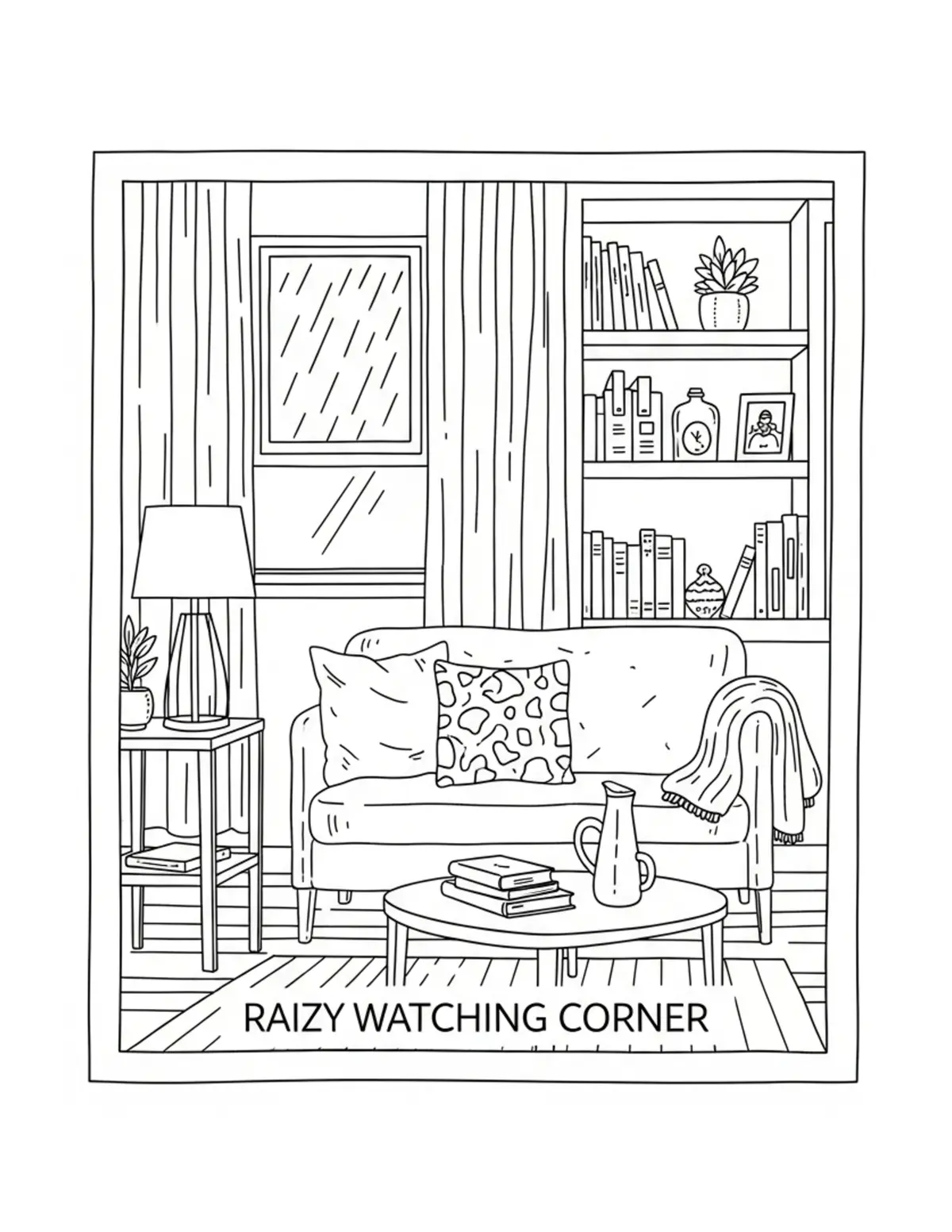 Free printable coloring page: cozy rain watching corner coloring page. Cute and cozy design for kids and adults to download and print.