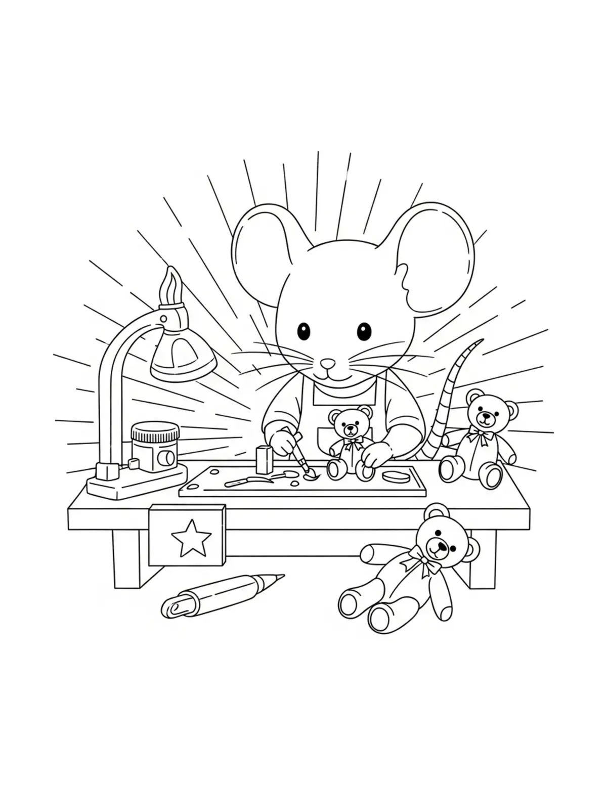 Cute Mouse Toy Workshop Colori — free printable cozy coloring coloring page for kids and adults