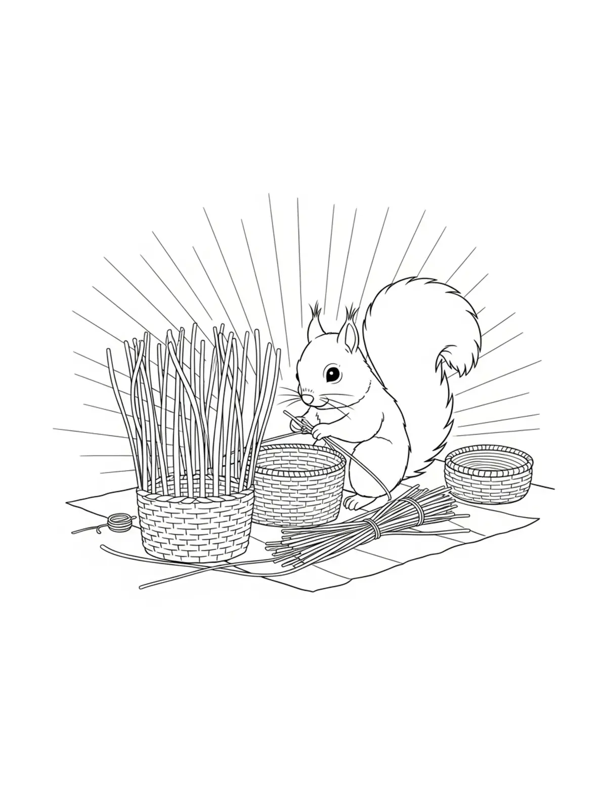 Free printable coloring page: little squirrel weaving basket coloring page. Cute and cozy tiny animal design for kids and adults to download and print.