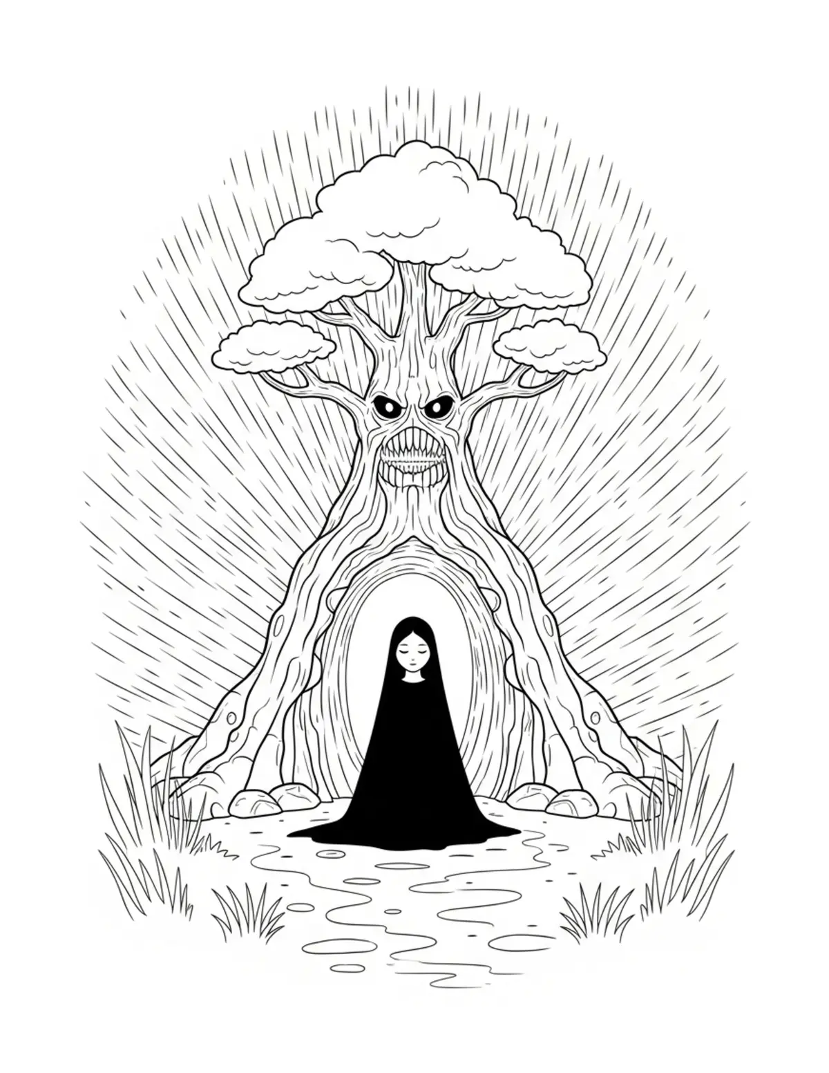 Free printable coloring page: mystery-tree-hollow-passage coloring page. Cute and cozy design for kids and adults to download and print.