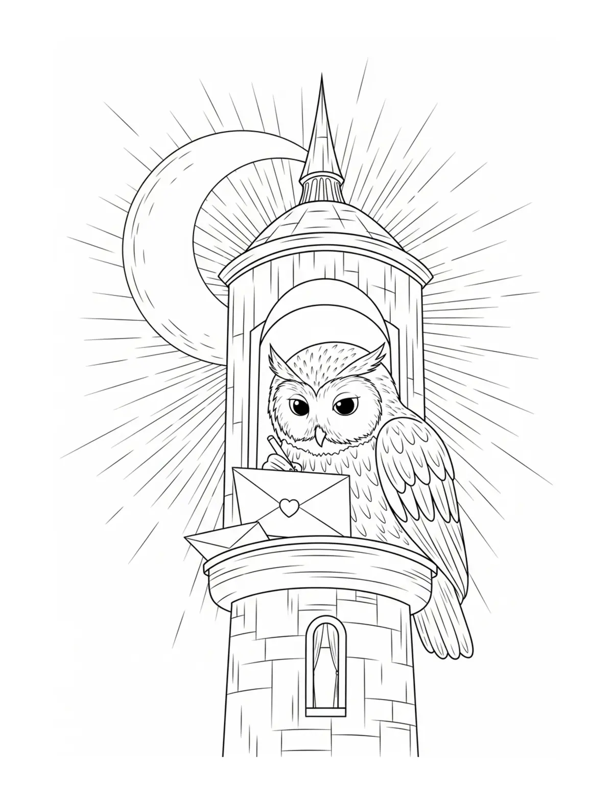 Owl Writing Letters in a Moonl Coloring Page - free printable JPG featuring adorable woodland animals