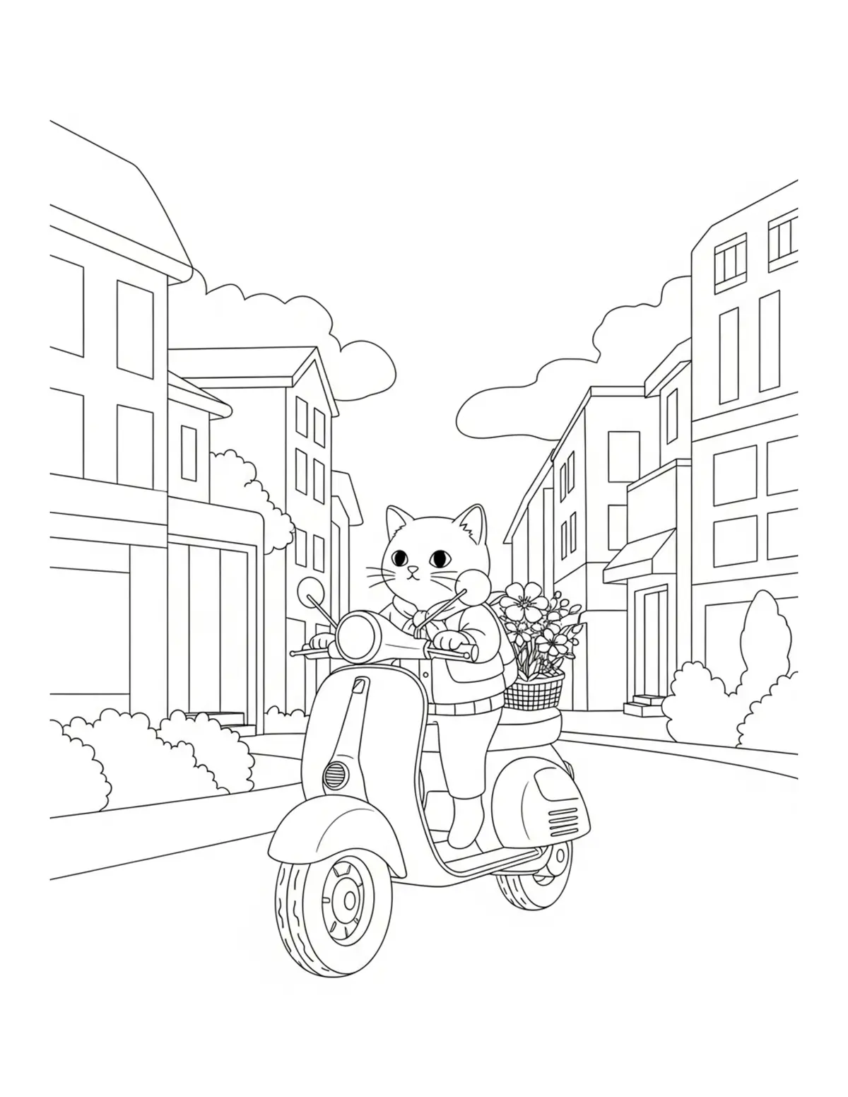 Free printable coloring page: tiny-cat-riding-a-floral-vespa coloring page. Cute and cozy design for kids and adults to download and print.