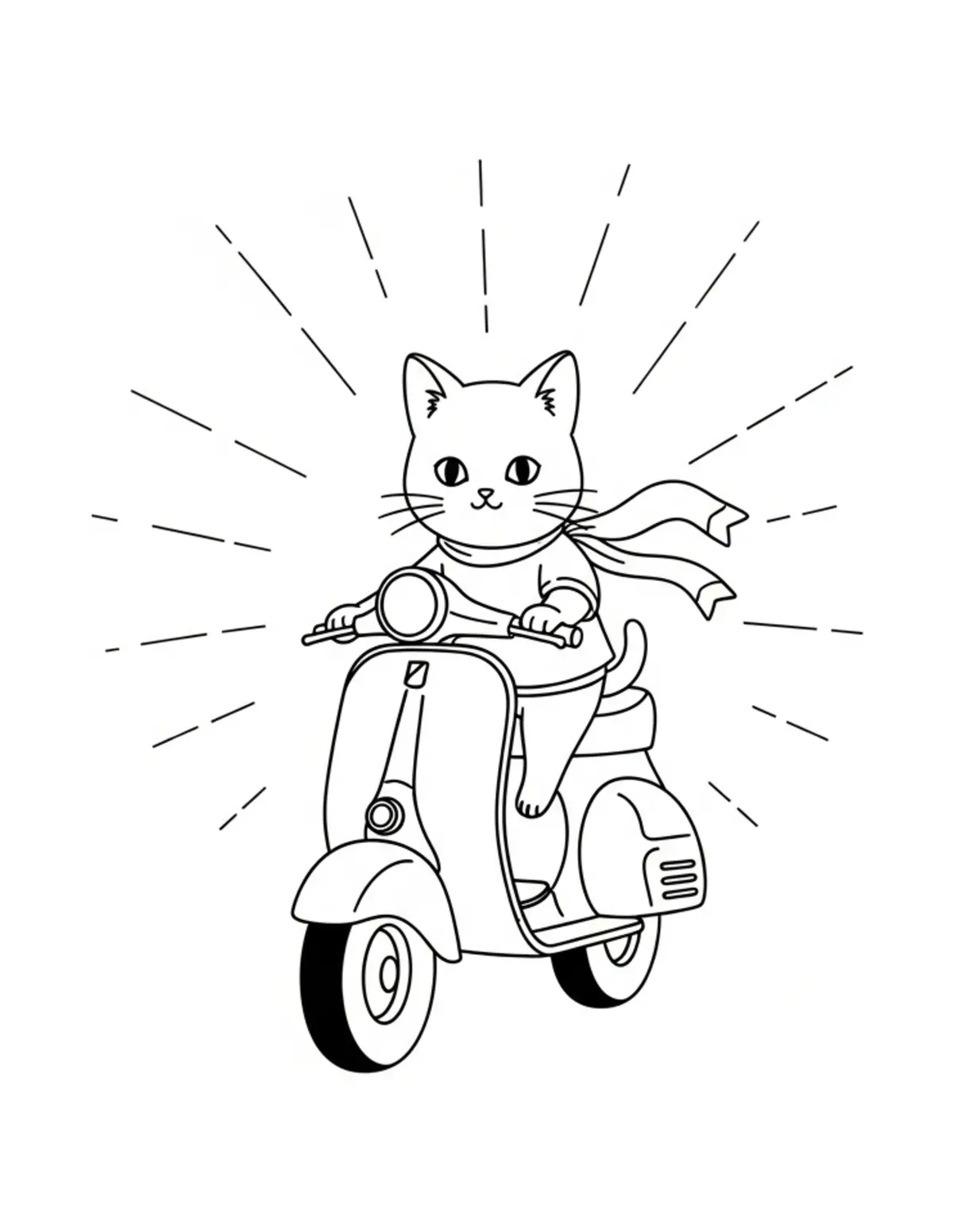Free printable coloring page: tiny-cat-riding-a-vintage-vesp coloring page. Cute and cozy design for kids and adults to download and print.