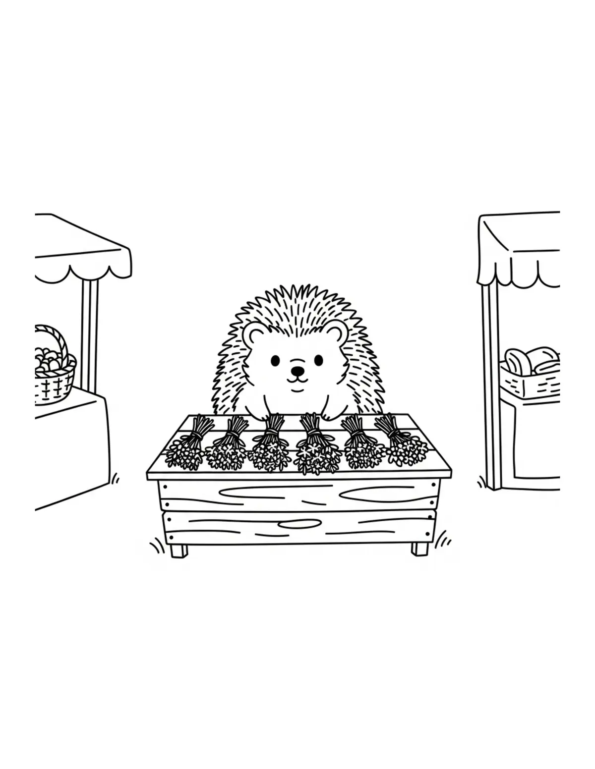 Free printable coloring page: tiny-hedgehog-selling-wildflow coloring page. Cute and cozy design for kids and adults to download and print.