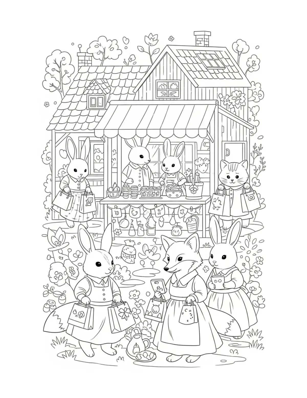 Free printable coloring page: tiny animal village market day coloring page. Cute design for kids and adults.