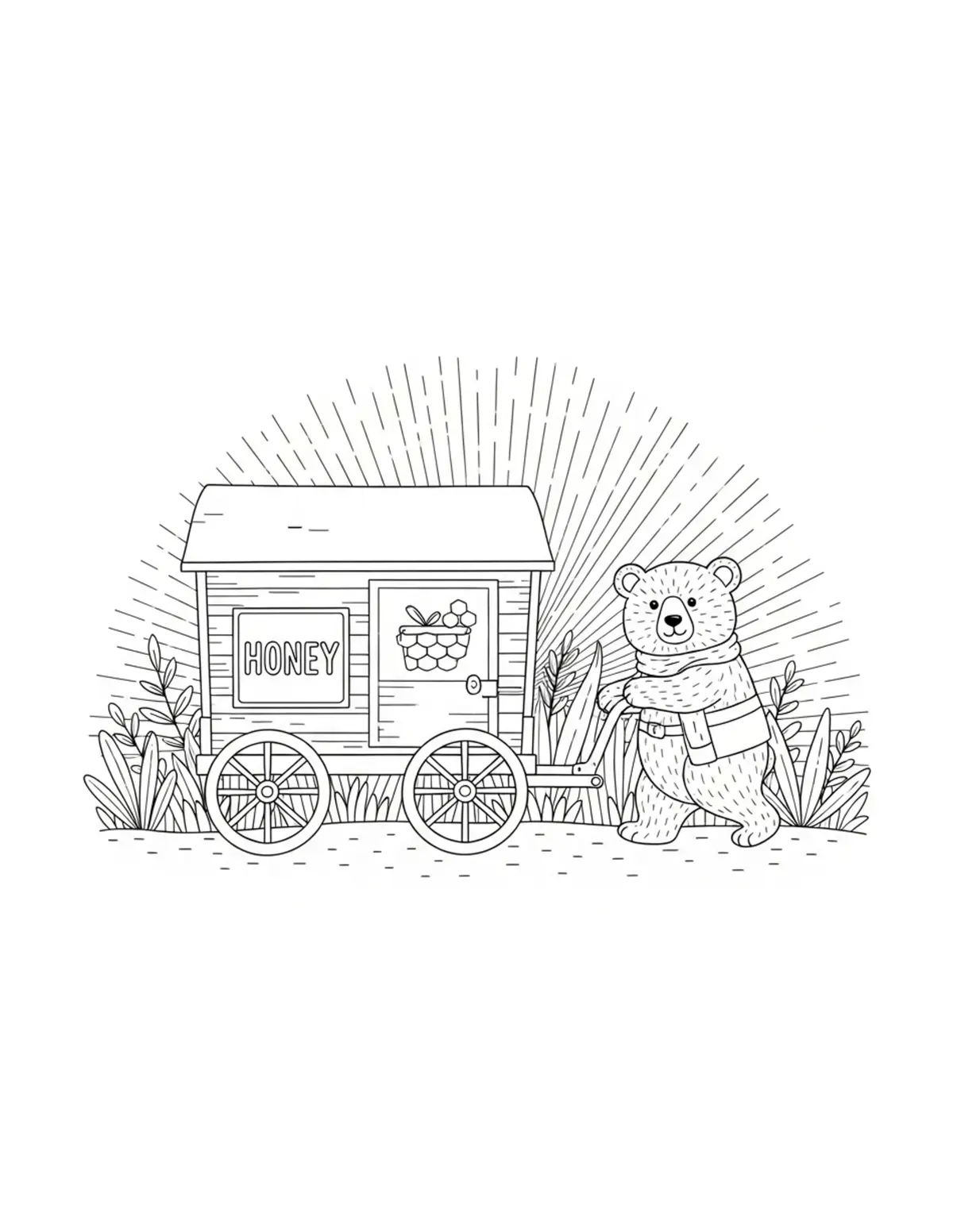 Tiny Bear Managing a Honey Delivery coloring page - free printable JPG featuring adorable woodland animals