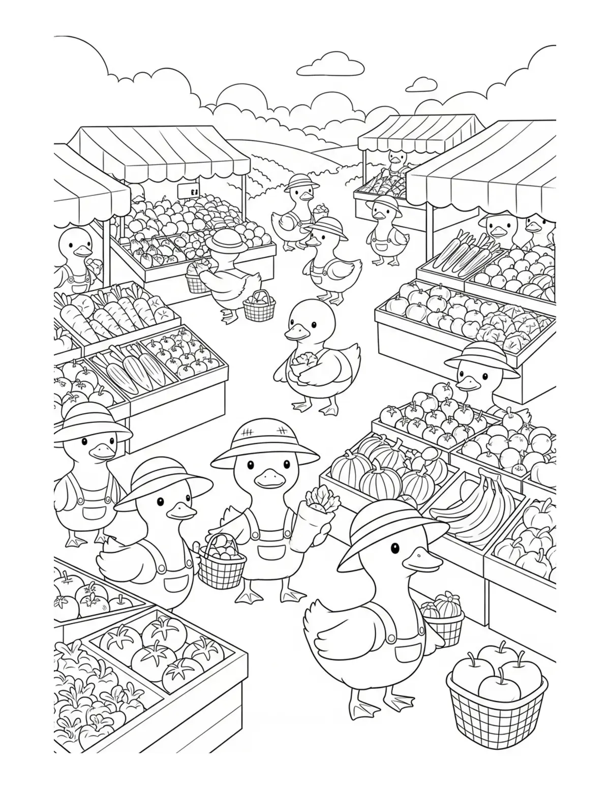 Free printable coloring page: duck farmers market vege coloring page. Cute and cozy design for kids and adults to download and print.