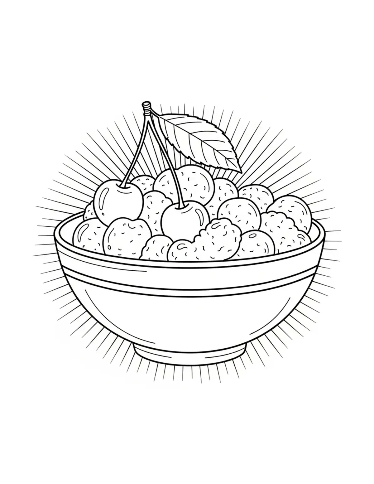 Free printable coloring page: bold-easy-cherry-bowl coloring page. Cute and cozy design for kids and adults to download and print.