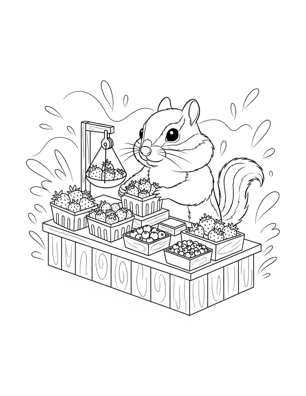 Chipmunk Managing a Berry Deli Coloring Page - free printable JPG featuring adorable woodland animals