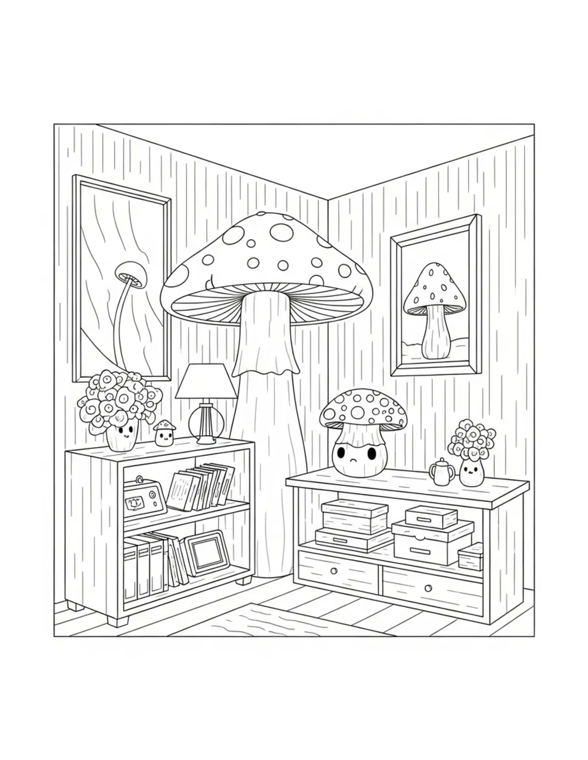 Free printable coloring page: cozy mushroom display room coloring page. Cute and cozy design for kids and adults to download and print.