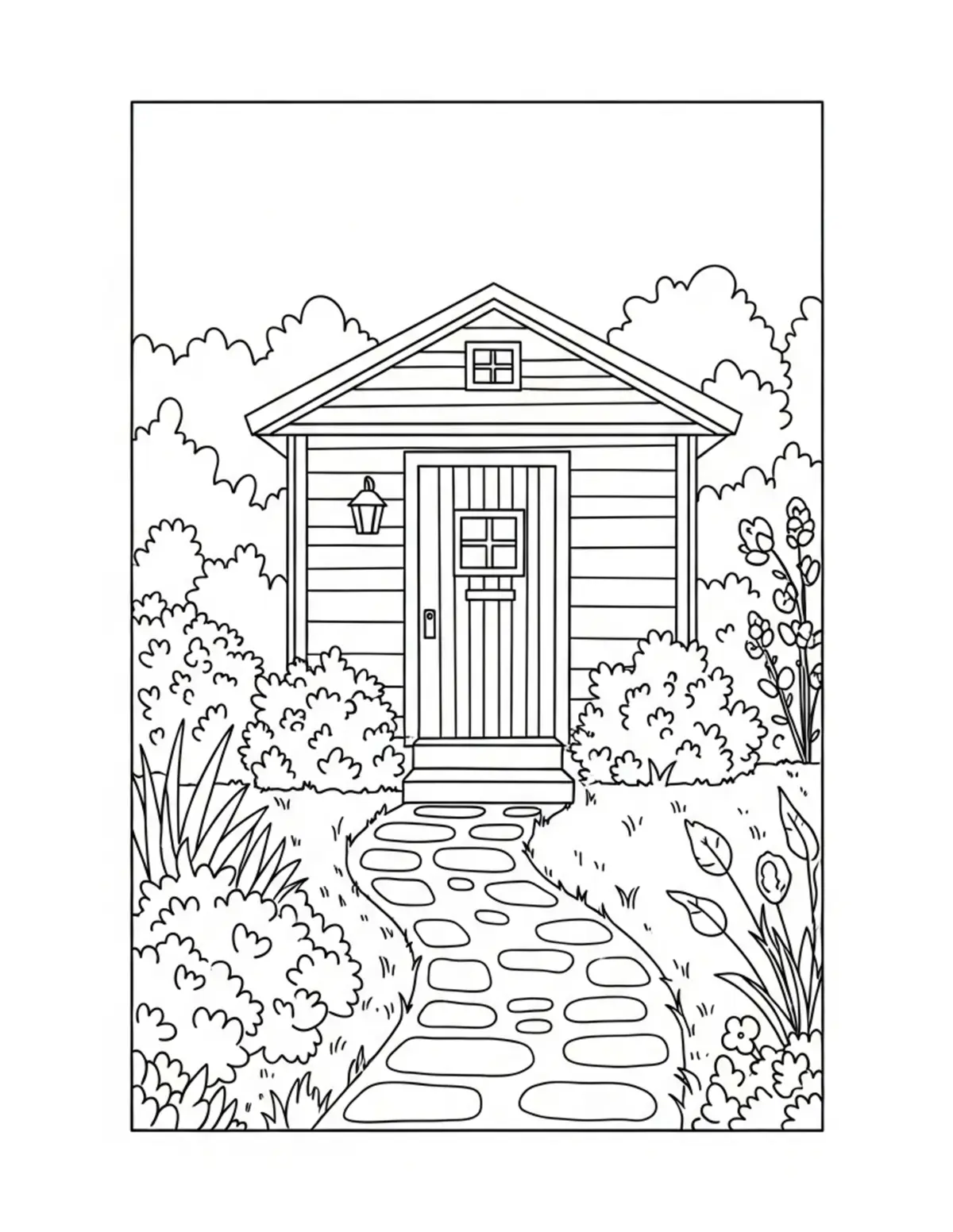 Free printable coloring page: cozy summer garden path coloring page. Cute and cozy summer design for kids and adults to download and print.
