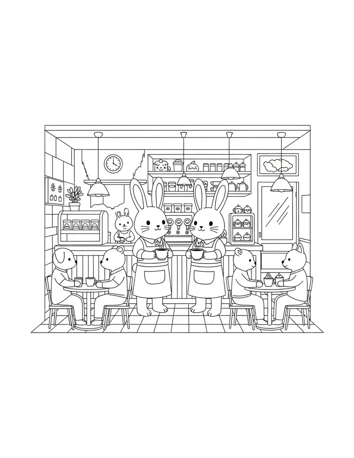 Free printable coloring page: cute bunny coffee shop coffee coloring page. Cute design for kids and adults.